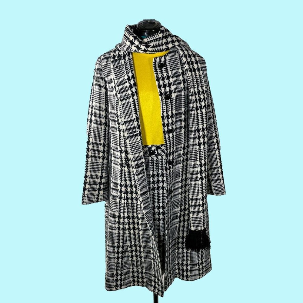 Vintage Black & White Print Dress / Coat / Scarf Set